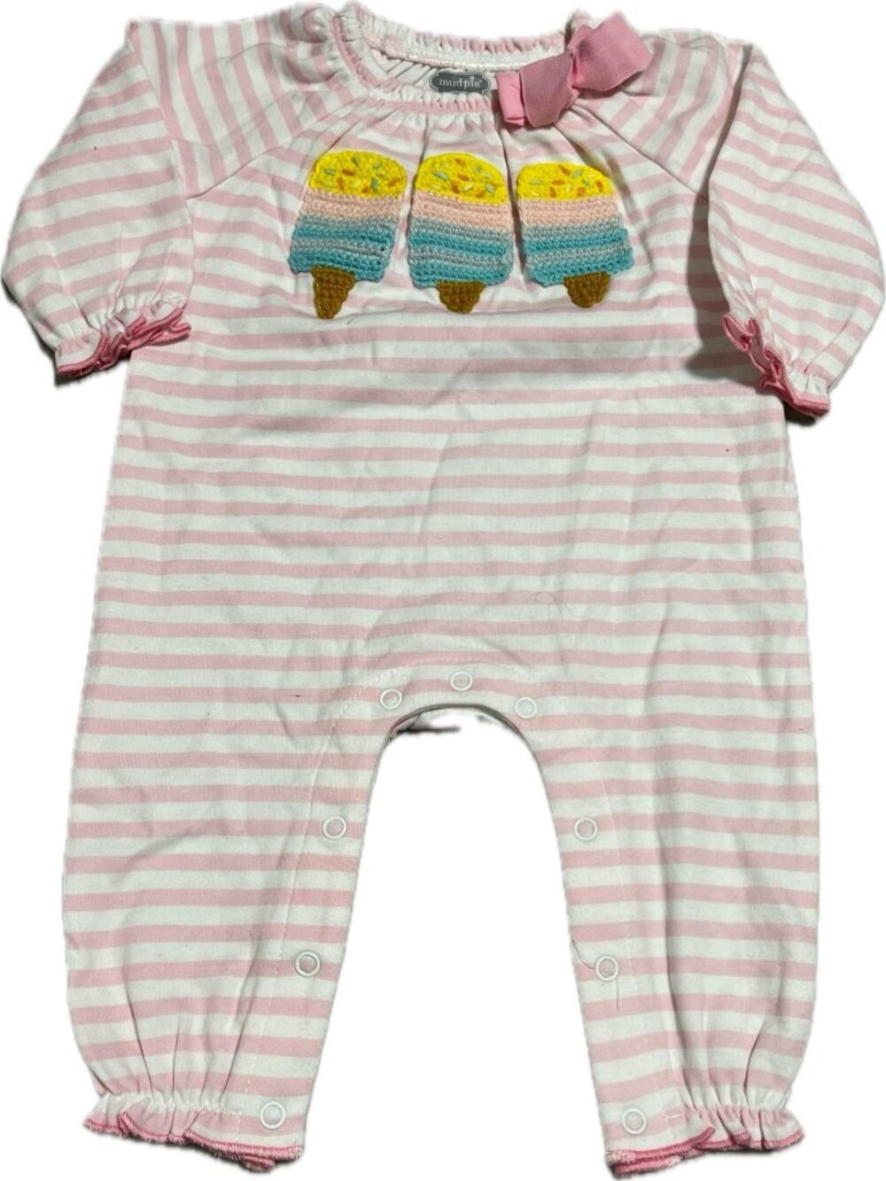 Mud Pie 3-6m NWT crochet Ice Cream Cone applique romper pink white striped bow